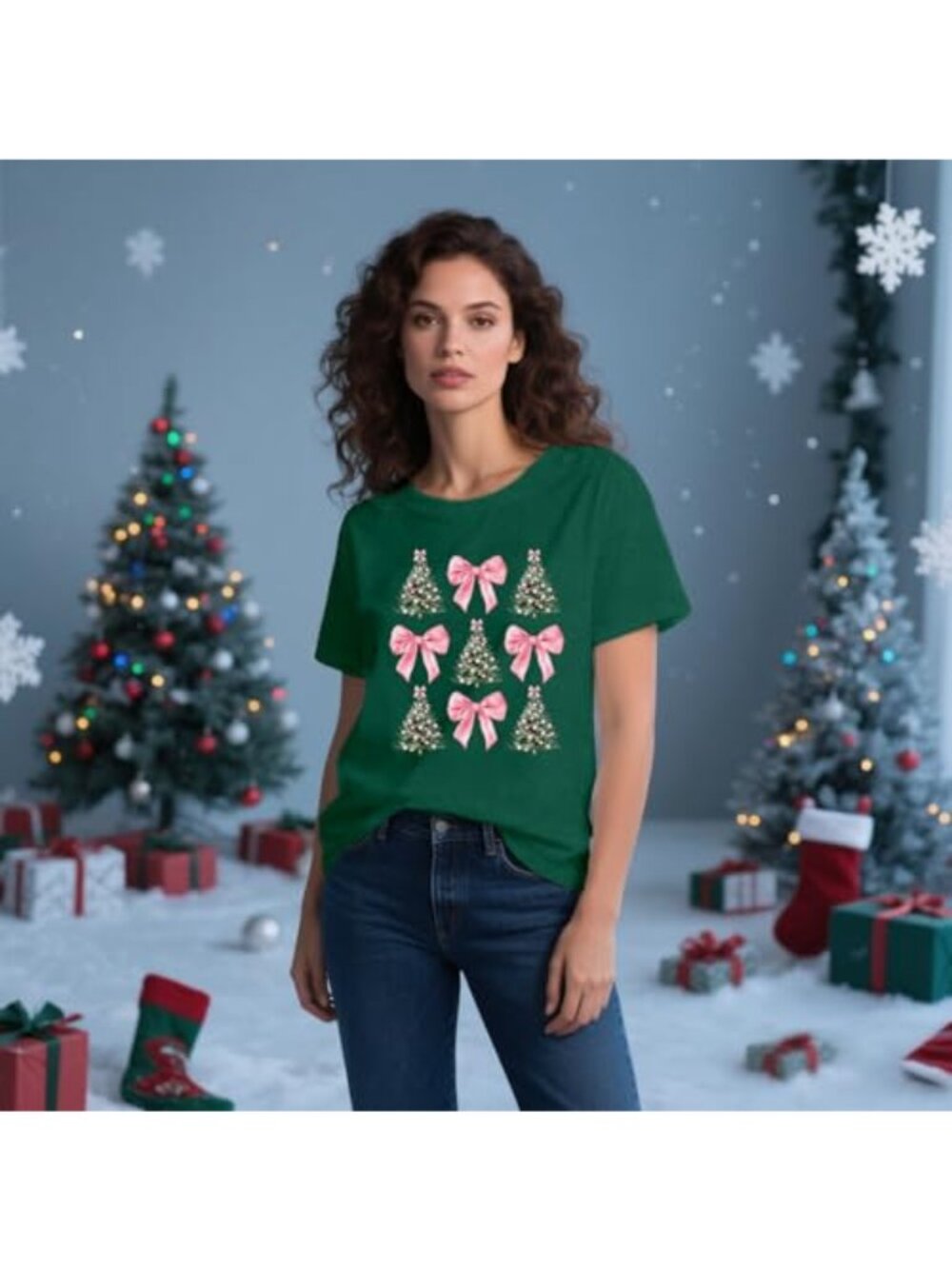 Women's Christmas Tree Bow Print T-Shirt Crew Neck Short Sleeve Festive Tee - Picture 3 of 7